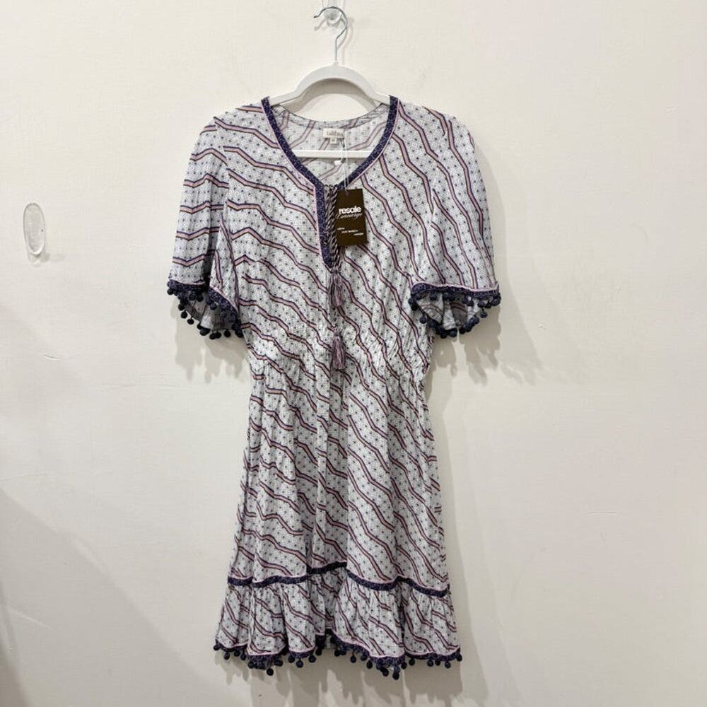 Talitha Printed Pompom Short Sleeve V-Neck Mini Cover Up Dress White/Purple M